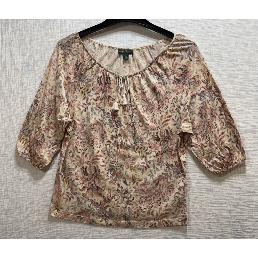 Lauren Jeans Co. Peasant Blouse Womens‎ XS Tan Paisley Floral Tassel Top Boho